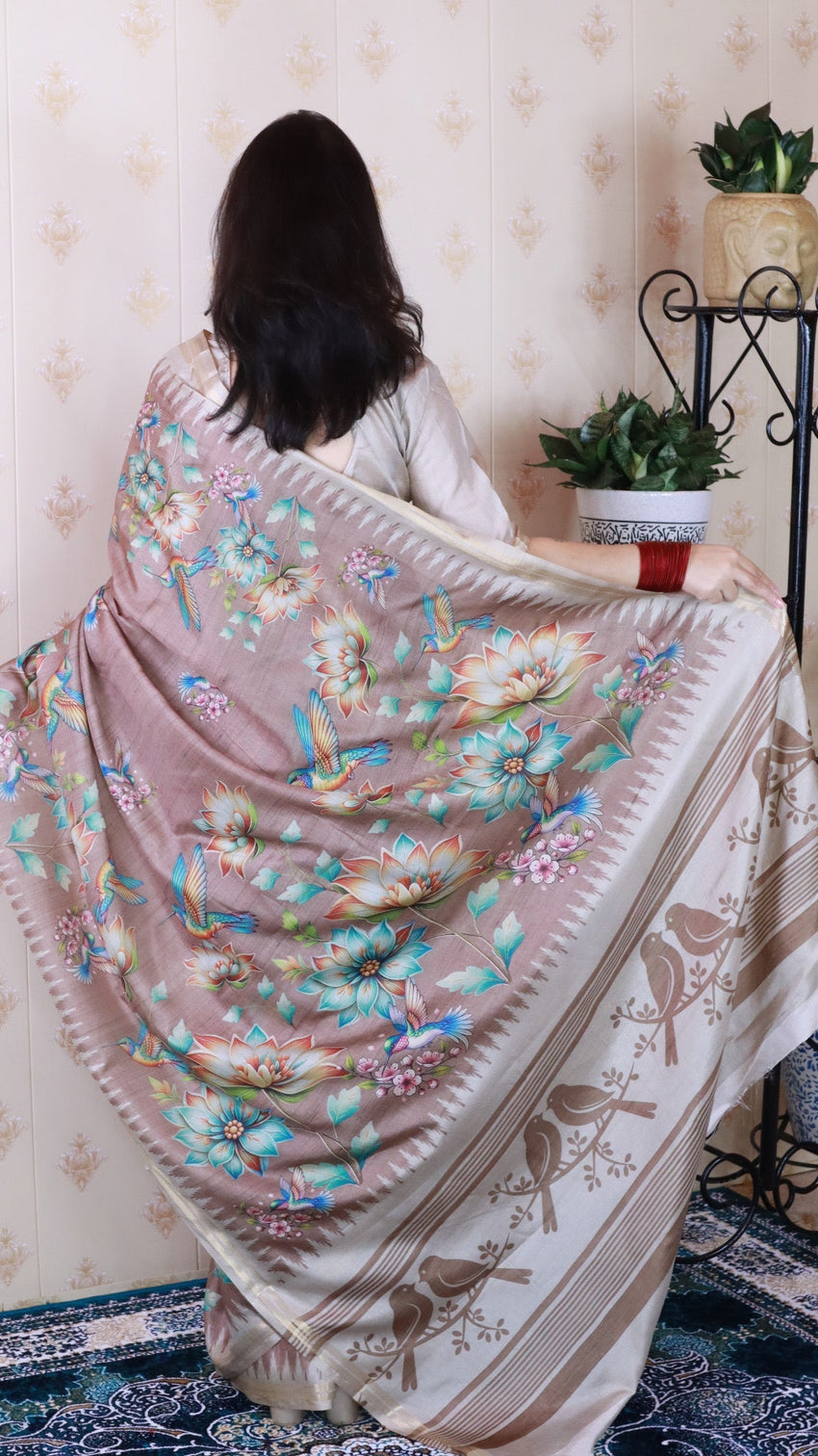 Brown soft tussar silk nature printed zari woven saree