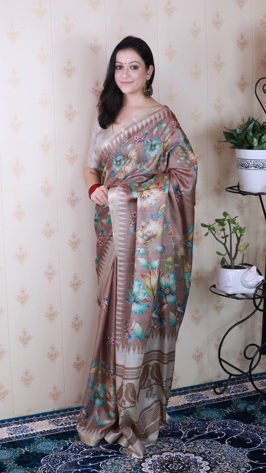 Brown soft tussar silk nature printed zari woven saree