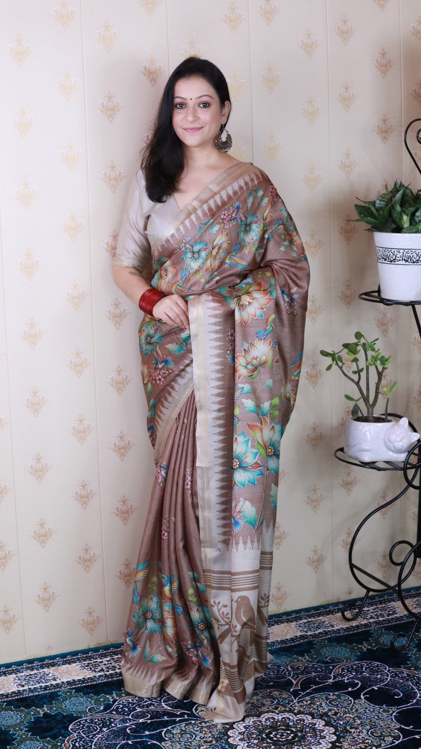 Brown soft tussar silk nature printed zari woven saree