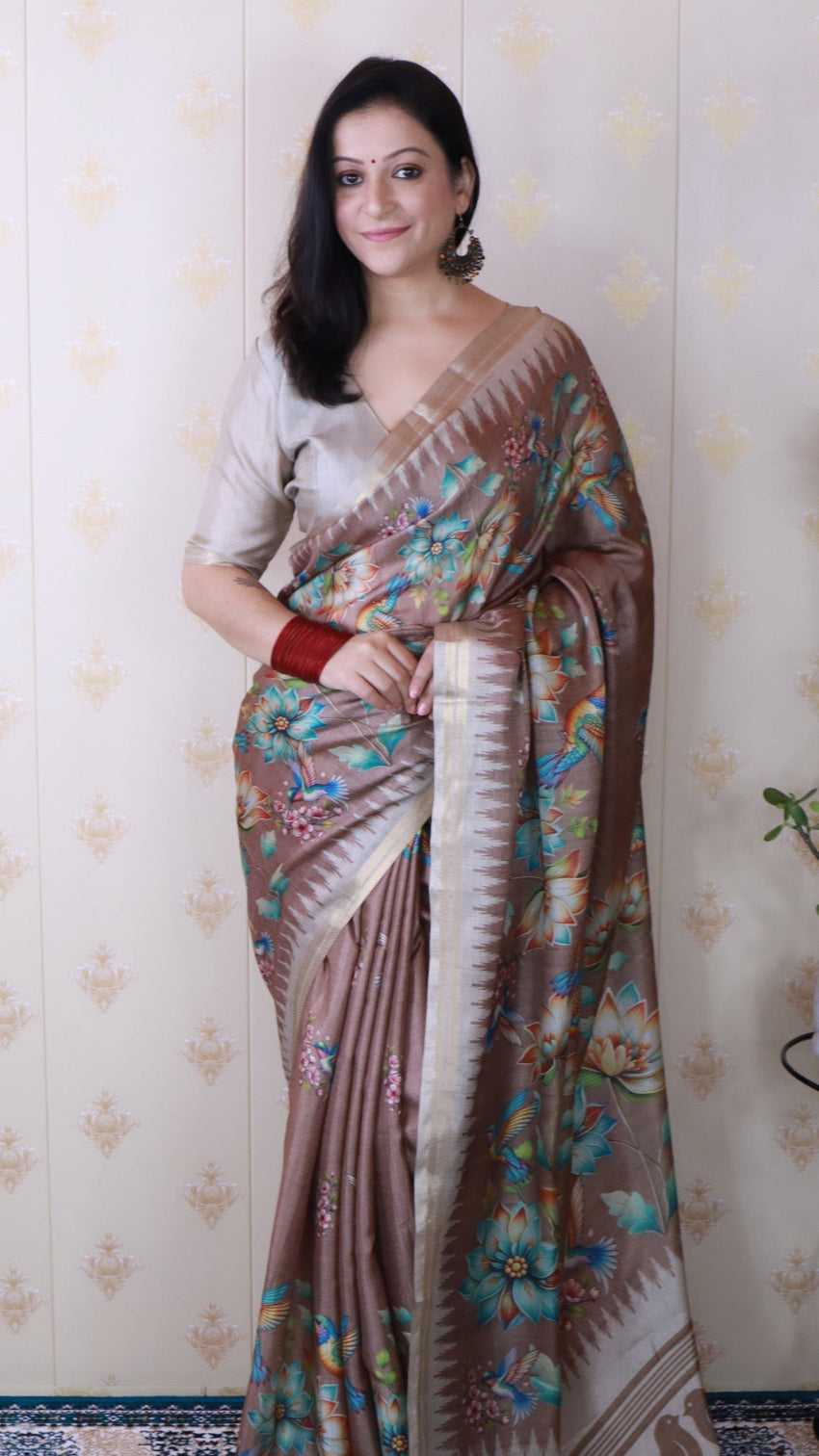 Brown soft tussar silk nature printed zari woven saree