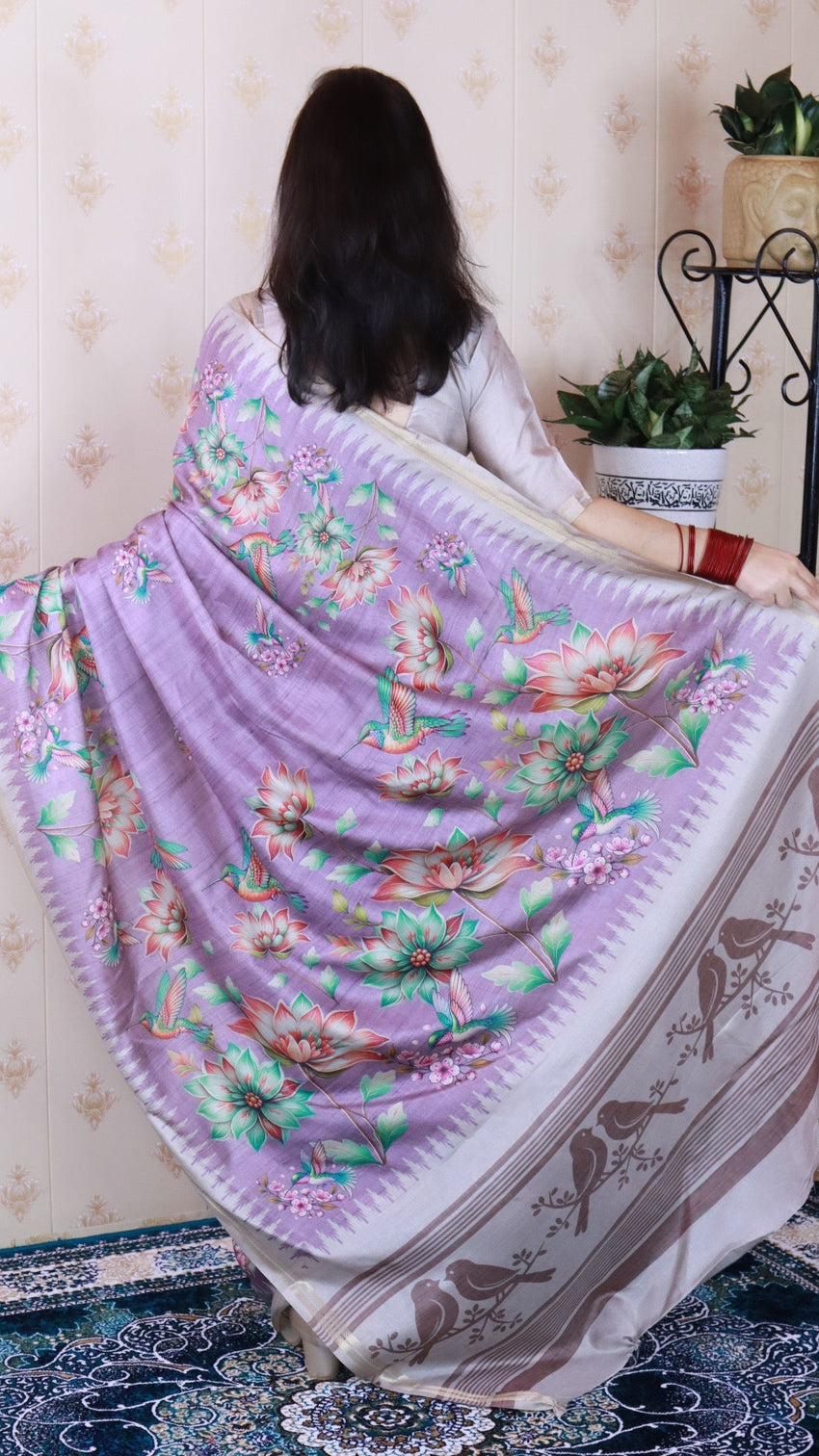 Lavender soft tussar silk nature printed zari woven saree