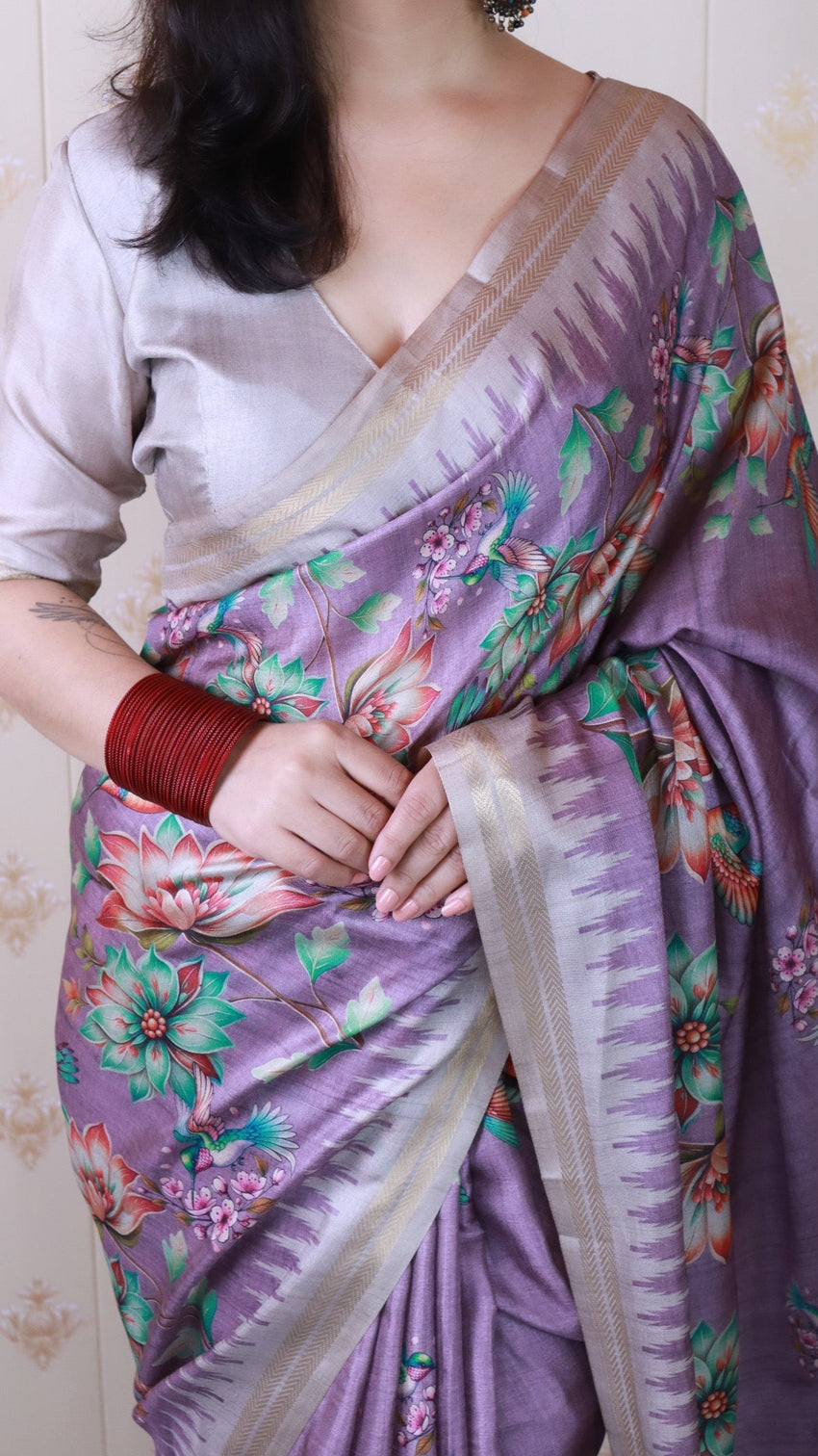 Lavender soft tussar silk nature printed zari woven saree