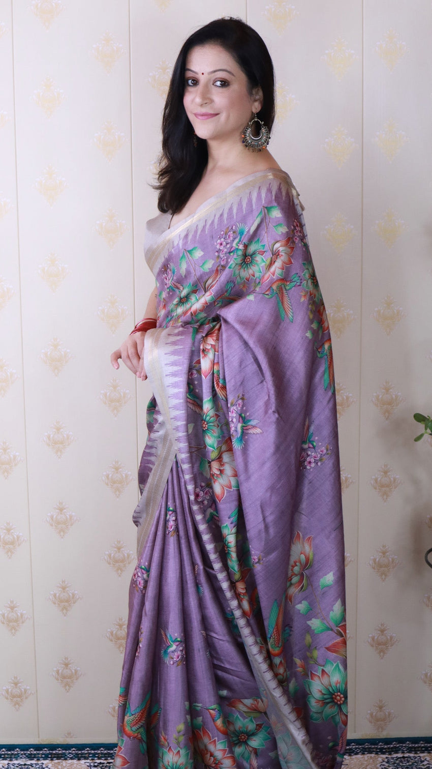 Lavender soft tussar silk nature printed zari woven saree