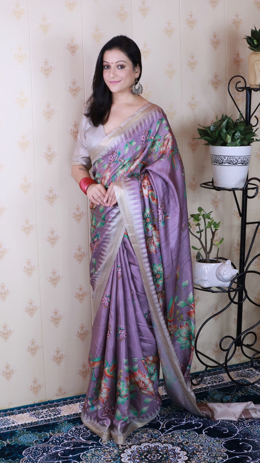 Lavender soft tussar silk nature printed zari woven saree
