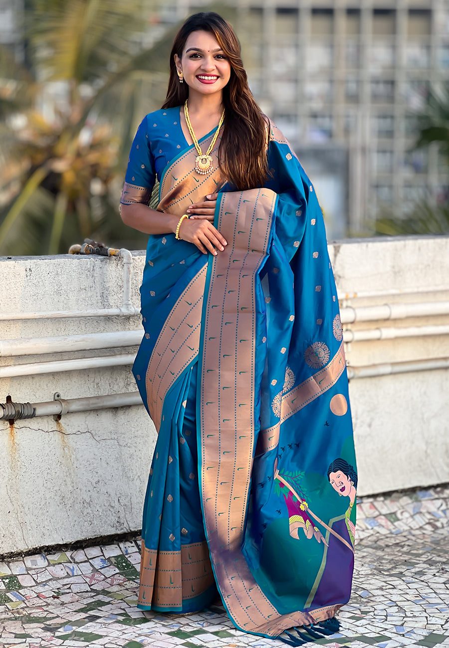Blue zari woven gudi padwa special paithani silk saree