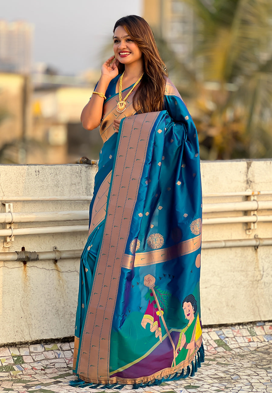 Blue zari woven gudi padwa special paithani silk saree