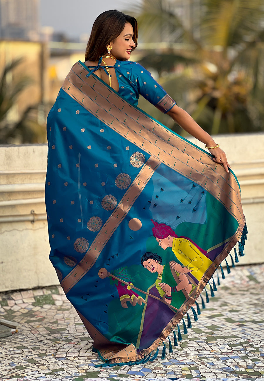 Blue zari woven gudi padwa special paithani silk saree
