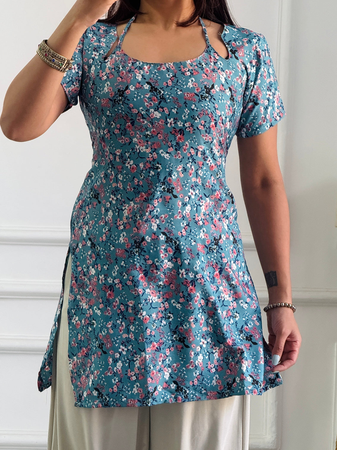 Teal multi floral cambric cotton kurti with corset back