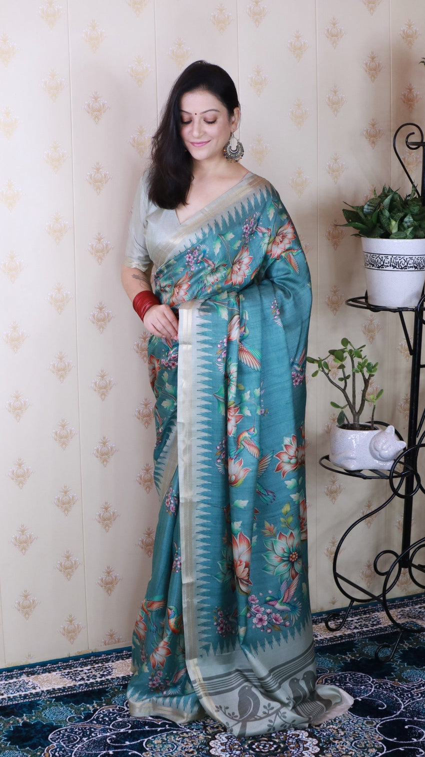 Dusty blue soft tussar silk nature printed zari woven saree