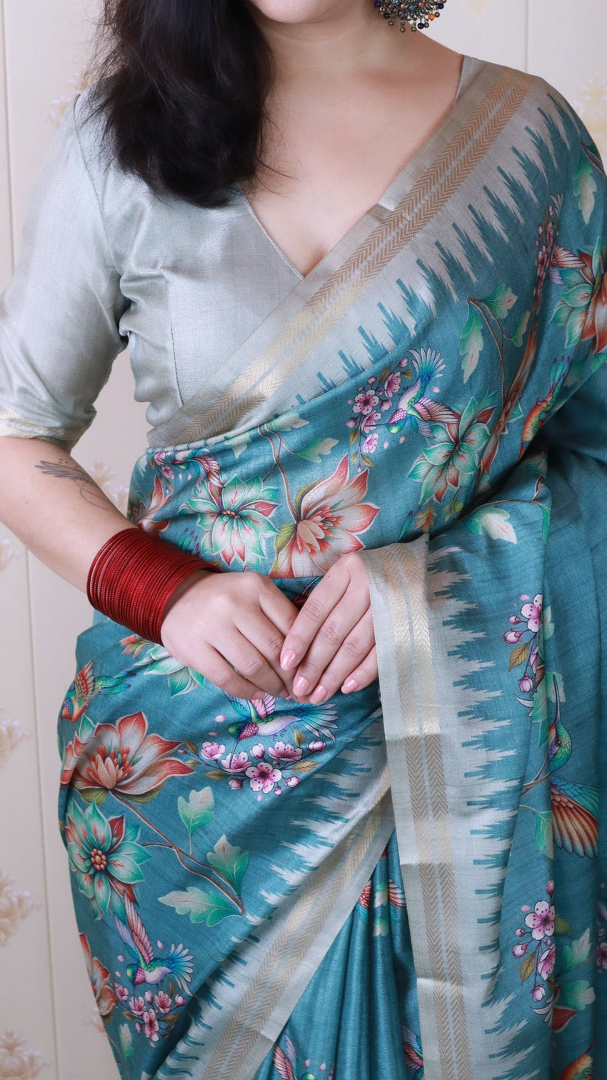 Dusty blue soft tussar silk nature printed zari woven saree