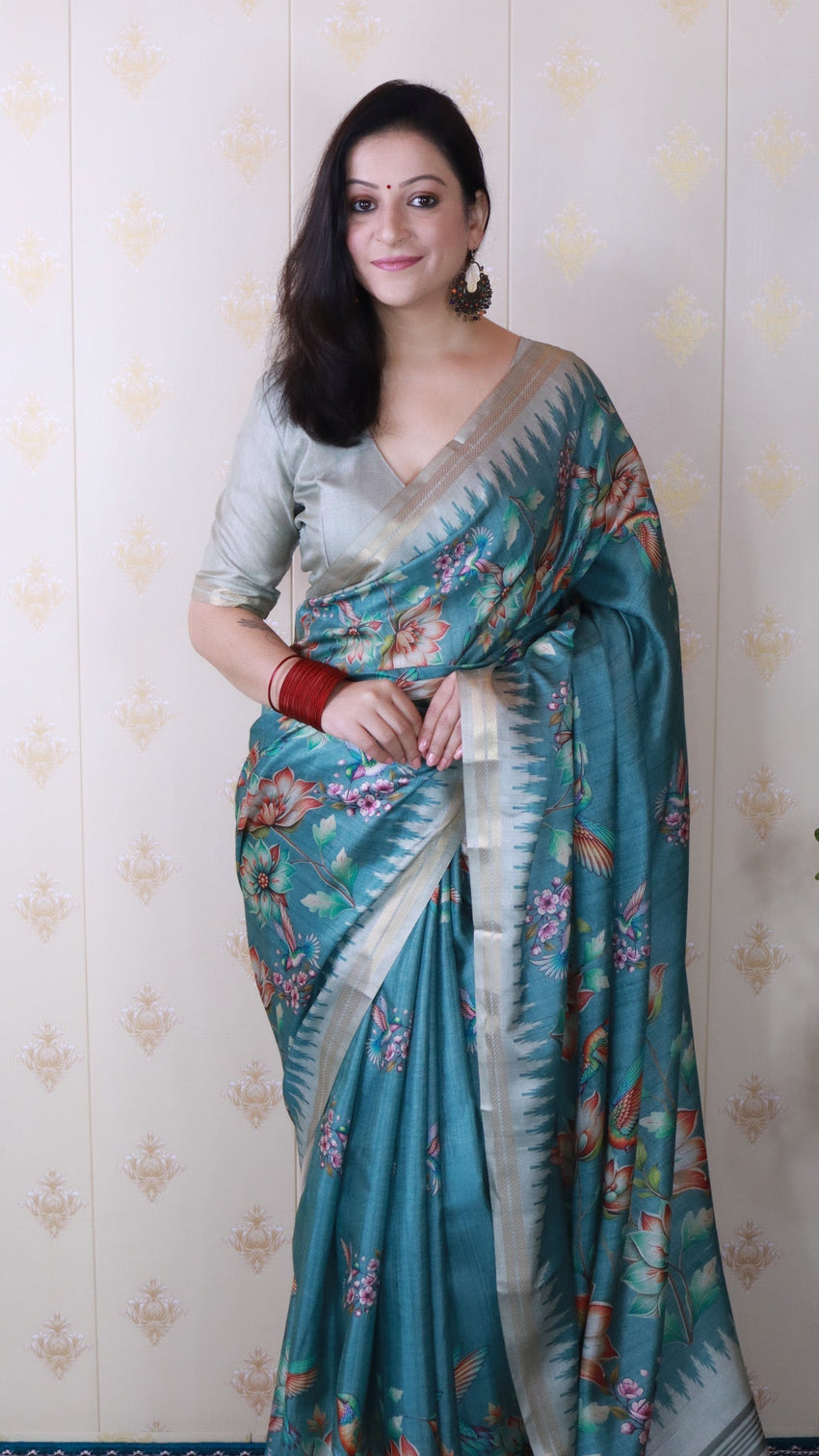 Dusty blue soft tussar silk nature printed zari woven saree
