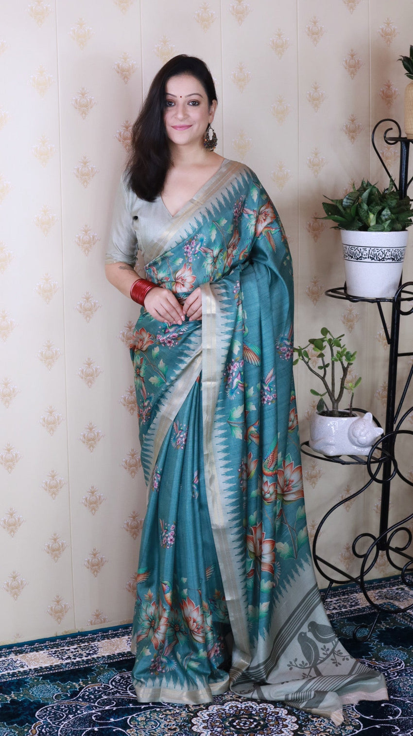 Dusty blue soft tussar silk nature printed zari woven saree