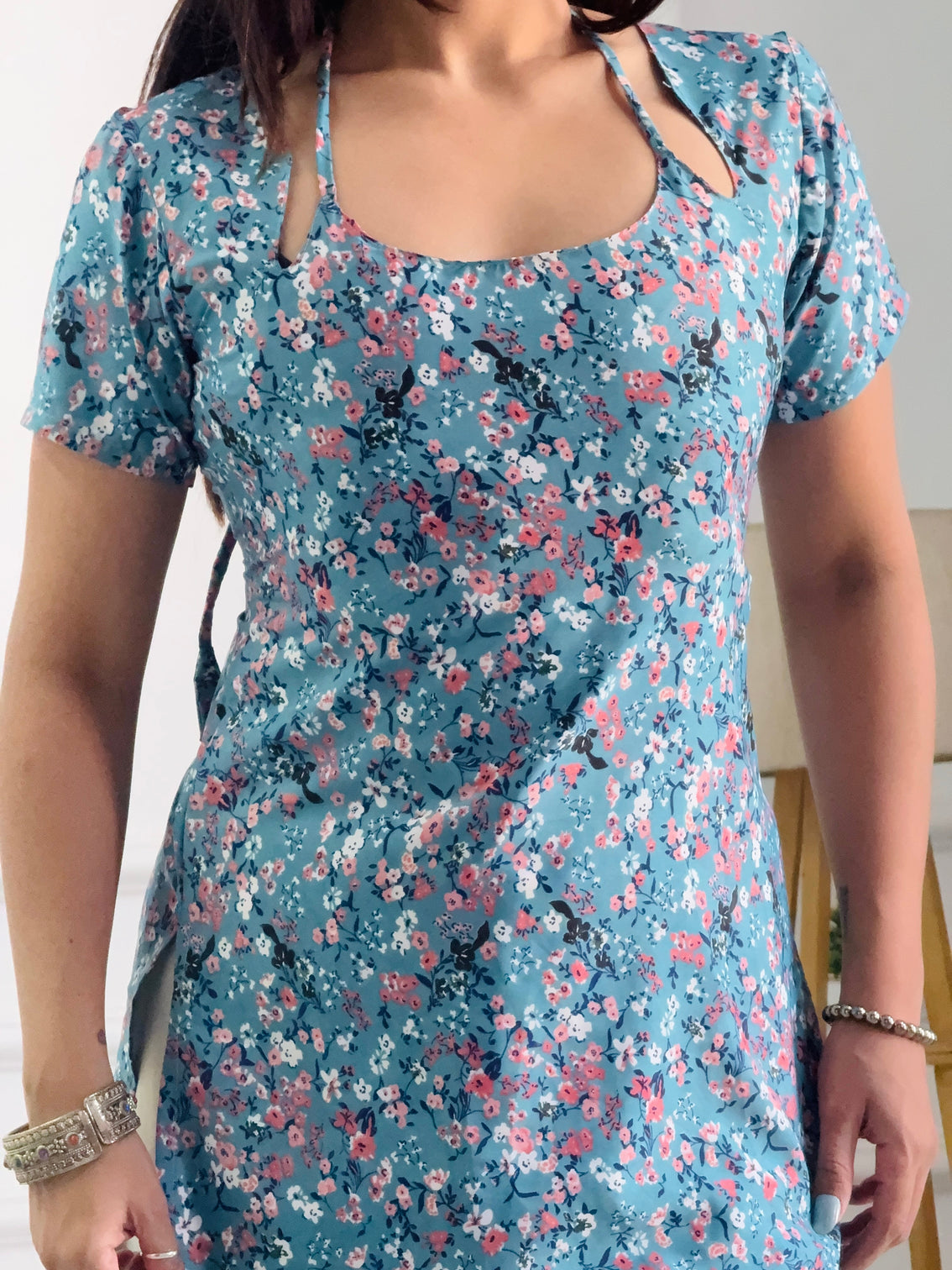 Teal multi floral cambric cotton kurti with corset back