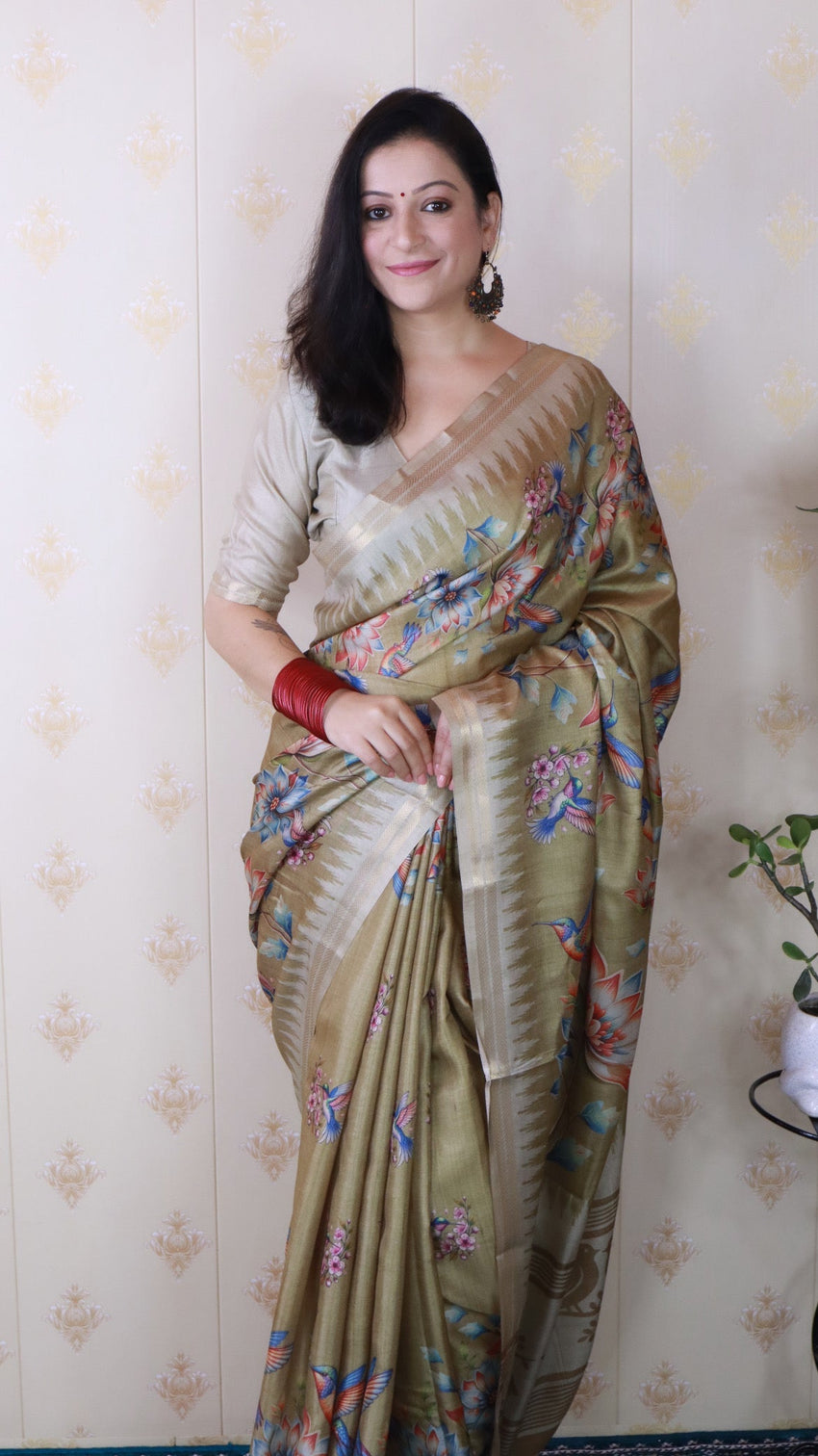 Dusty gold soft tussar silk nature printed zari woven saree