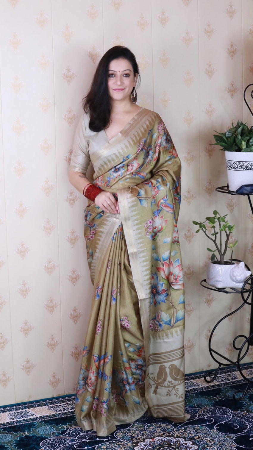 Dusty gold soft tussar silk nature printed zari woven saree