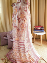 Ivory Linen Saree with Geometric Tribal Prints & Tassel Accents