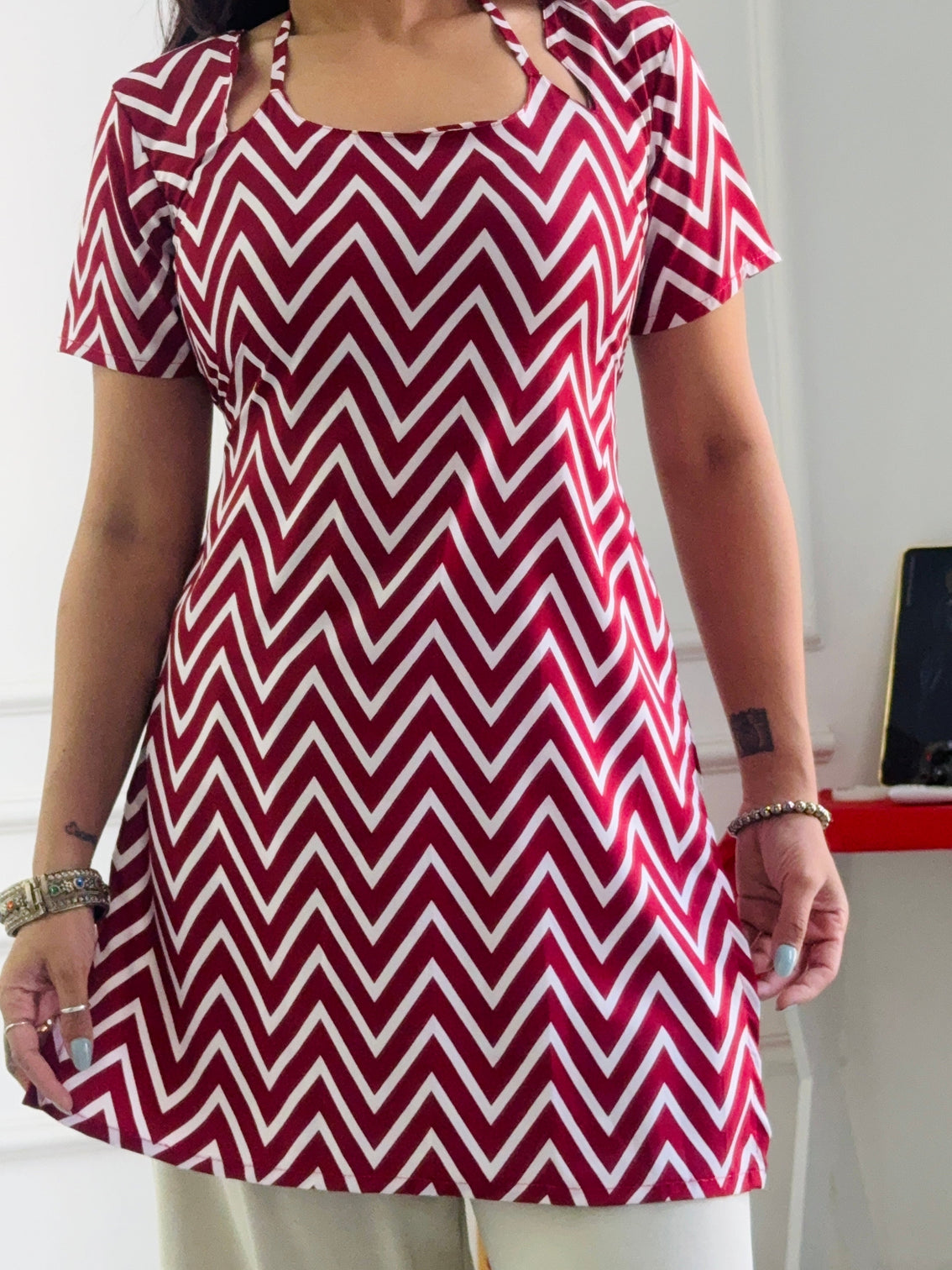 Bold red chevron multi wear tunic adjustable fit