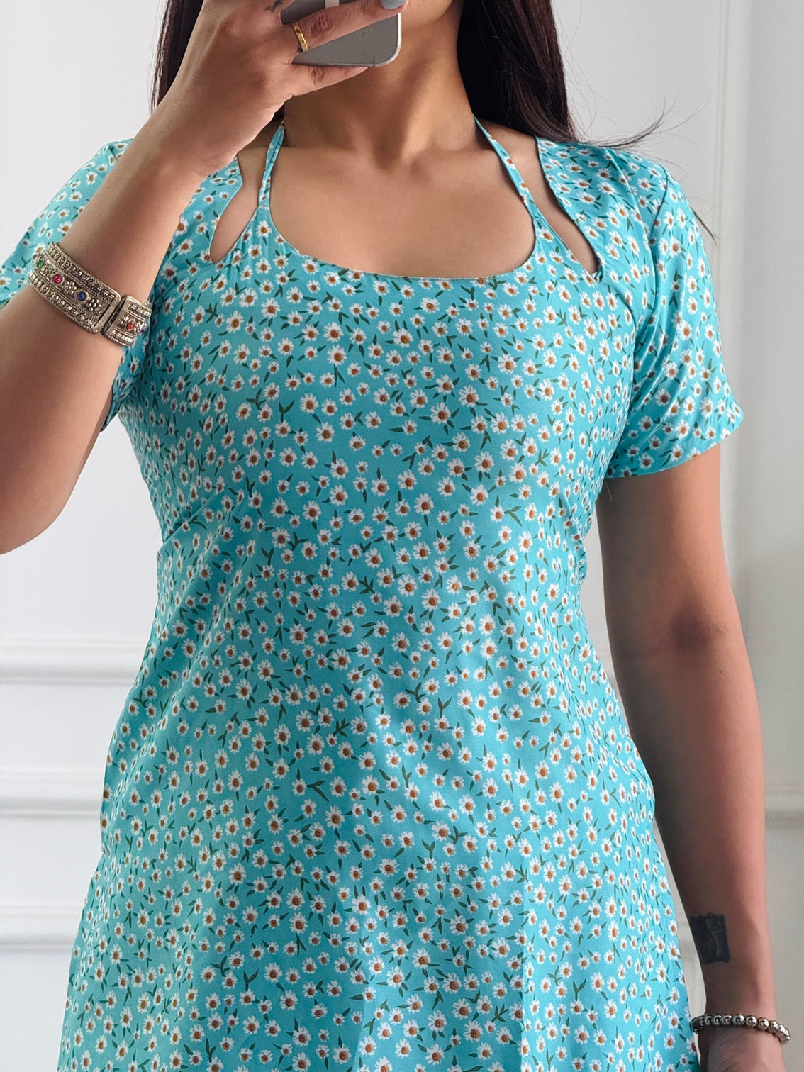 Aqua daisy print cambric cotton kurti with corset back