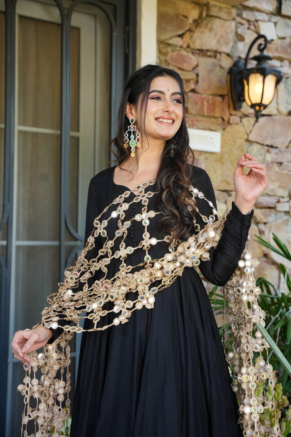 Elegant black kurti palazzo set with statement mirror work dupatta