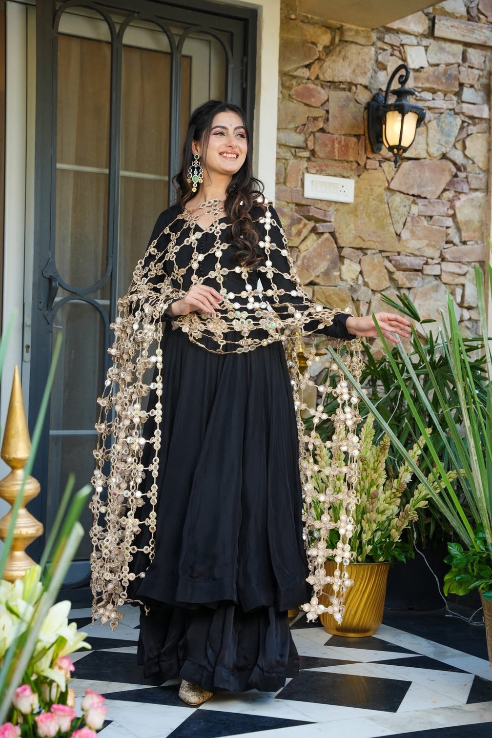 Elegant black kurti palazzo set with statement mirror work dupatta