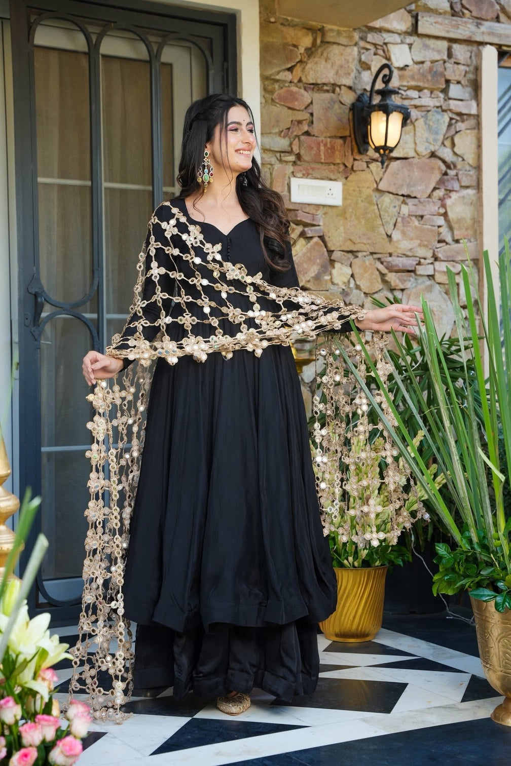 Elegant black kurti palazzo set with statement mirror work dupatta