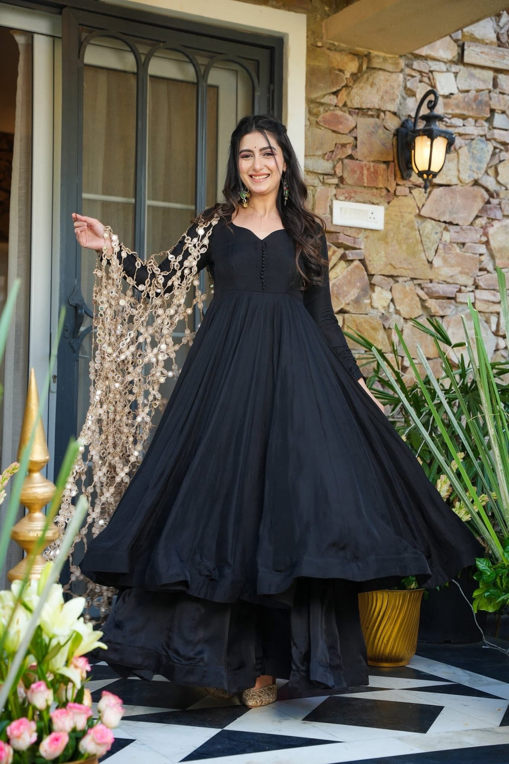 Elegant black kurti palazzo set with statement mirror work dupatta mameraa