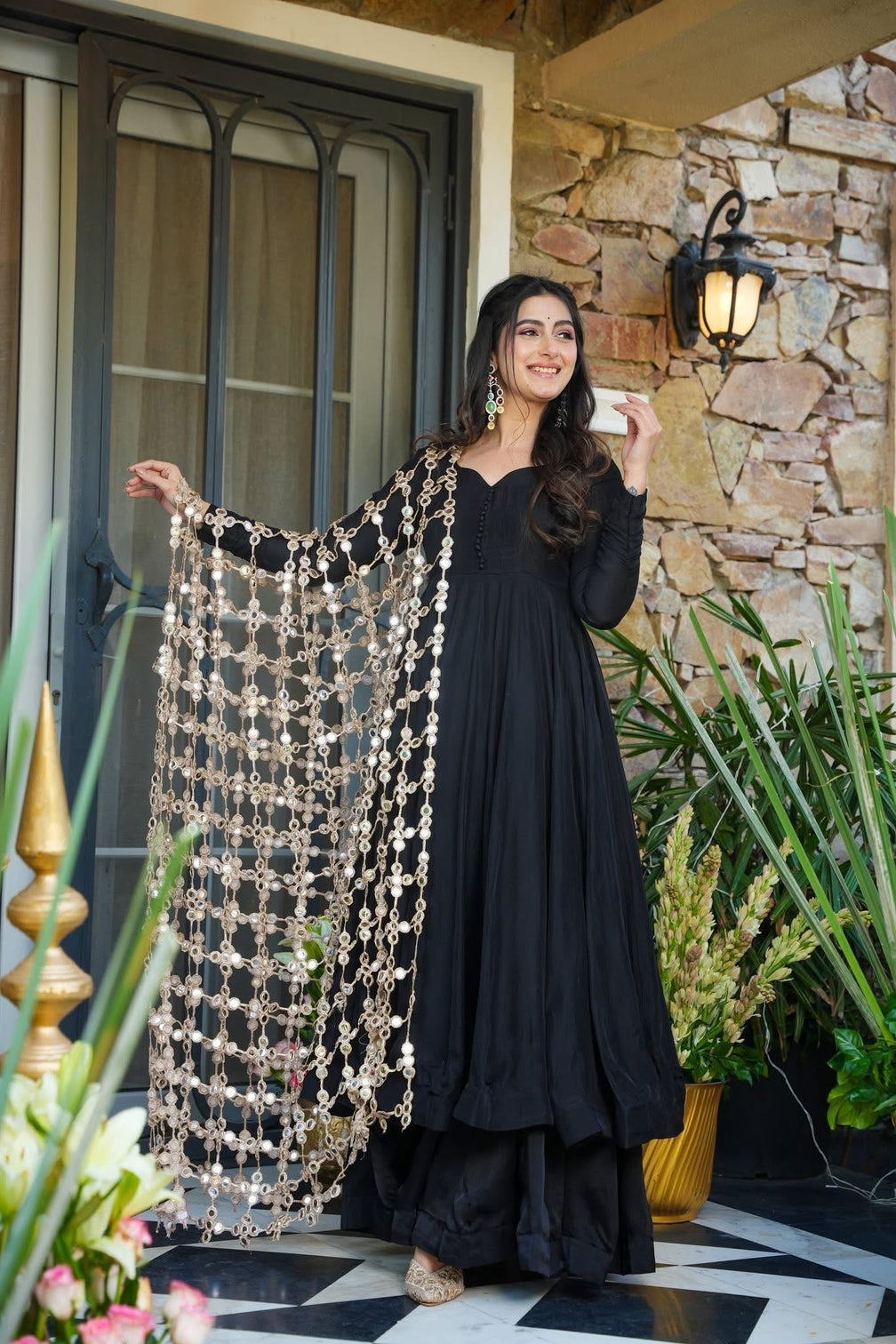 Elegant black kurti palazzo set with statement mirror work dupatta