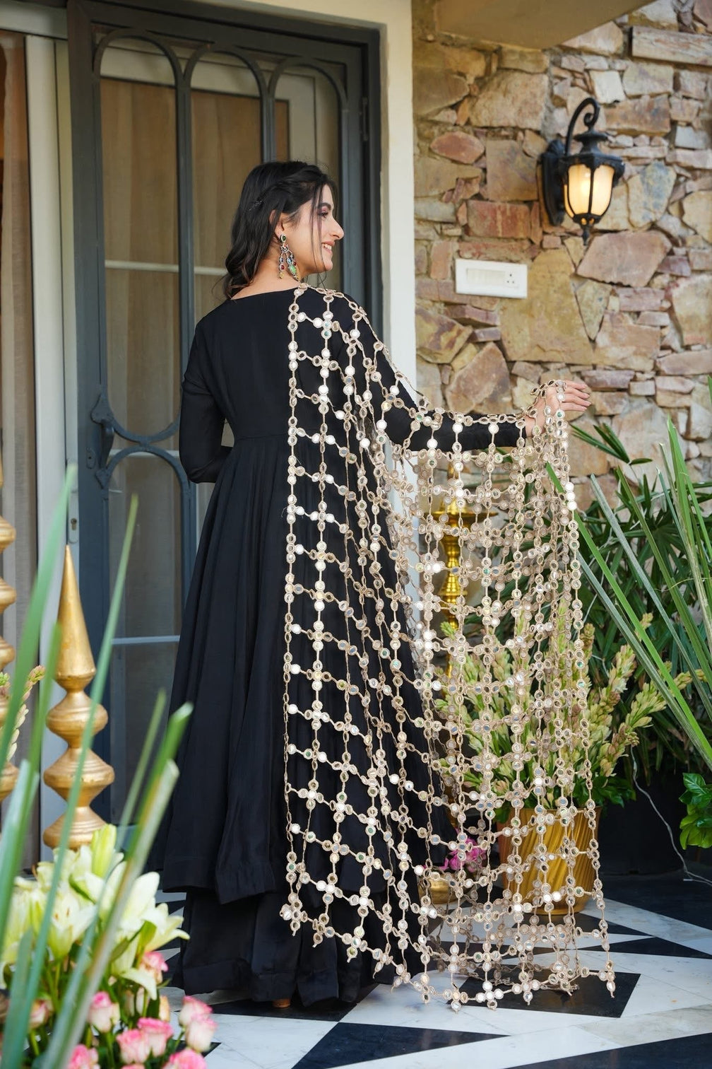 Elegant black kurti palazzo set with statement mirror work dupatta