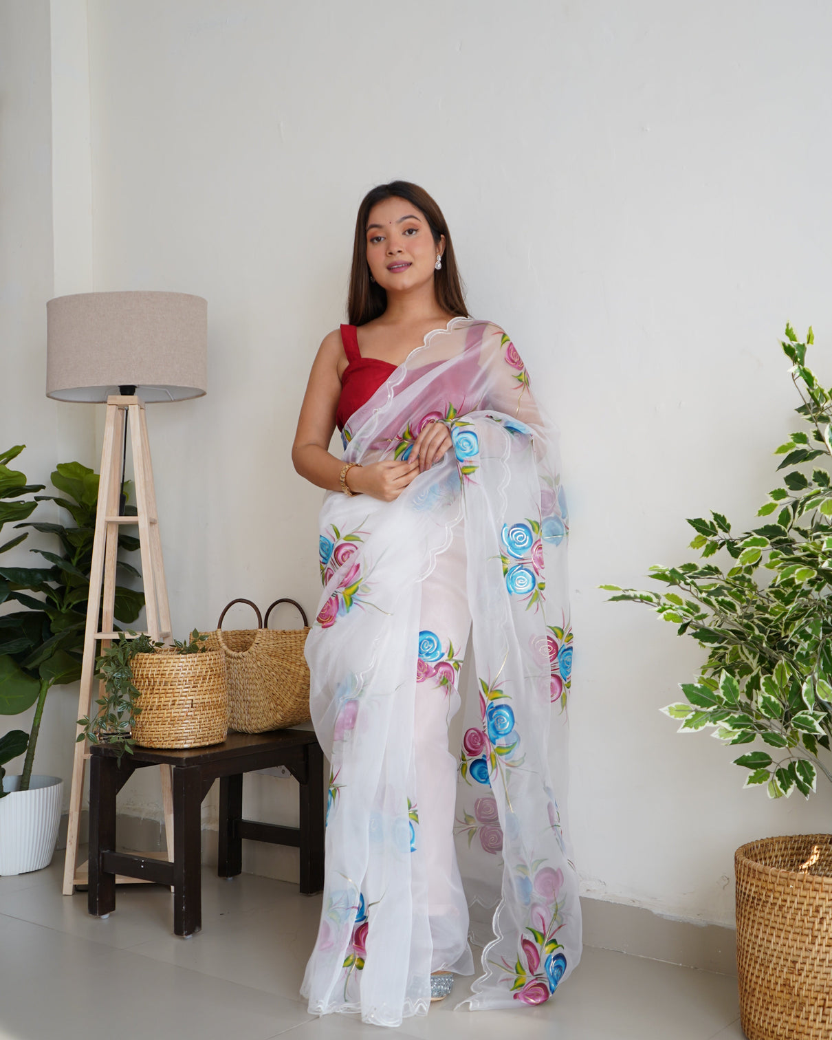 White Saree in Organza Hand Painted Floral