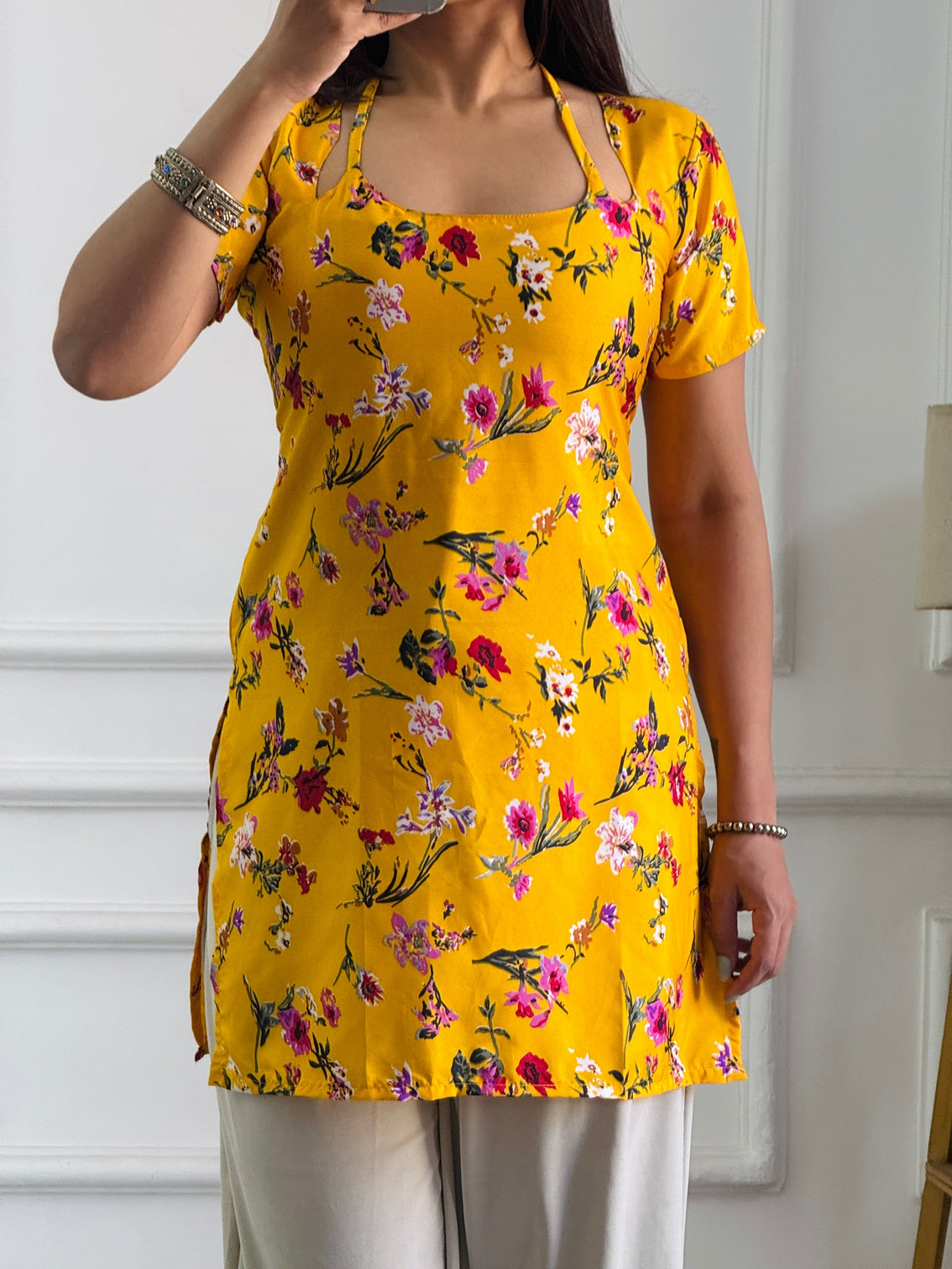 Bright yellow floral cambric cotton kurti with corset back