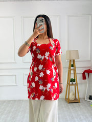 Bold red floral cambric cotton kurti with lace up detail mameraa