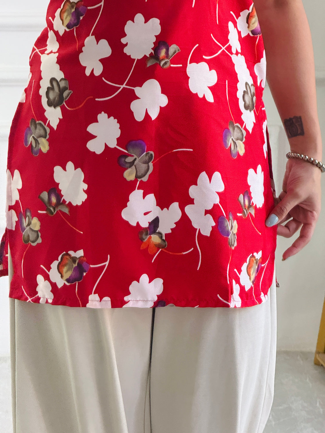 Bold red floral cambric cotton kurti with lace up detail