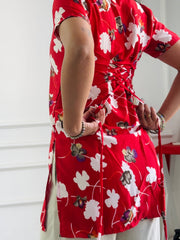 Bold red floral cambric cotton kurti with lace up detail