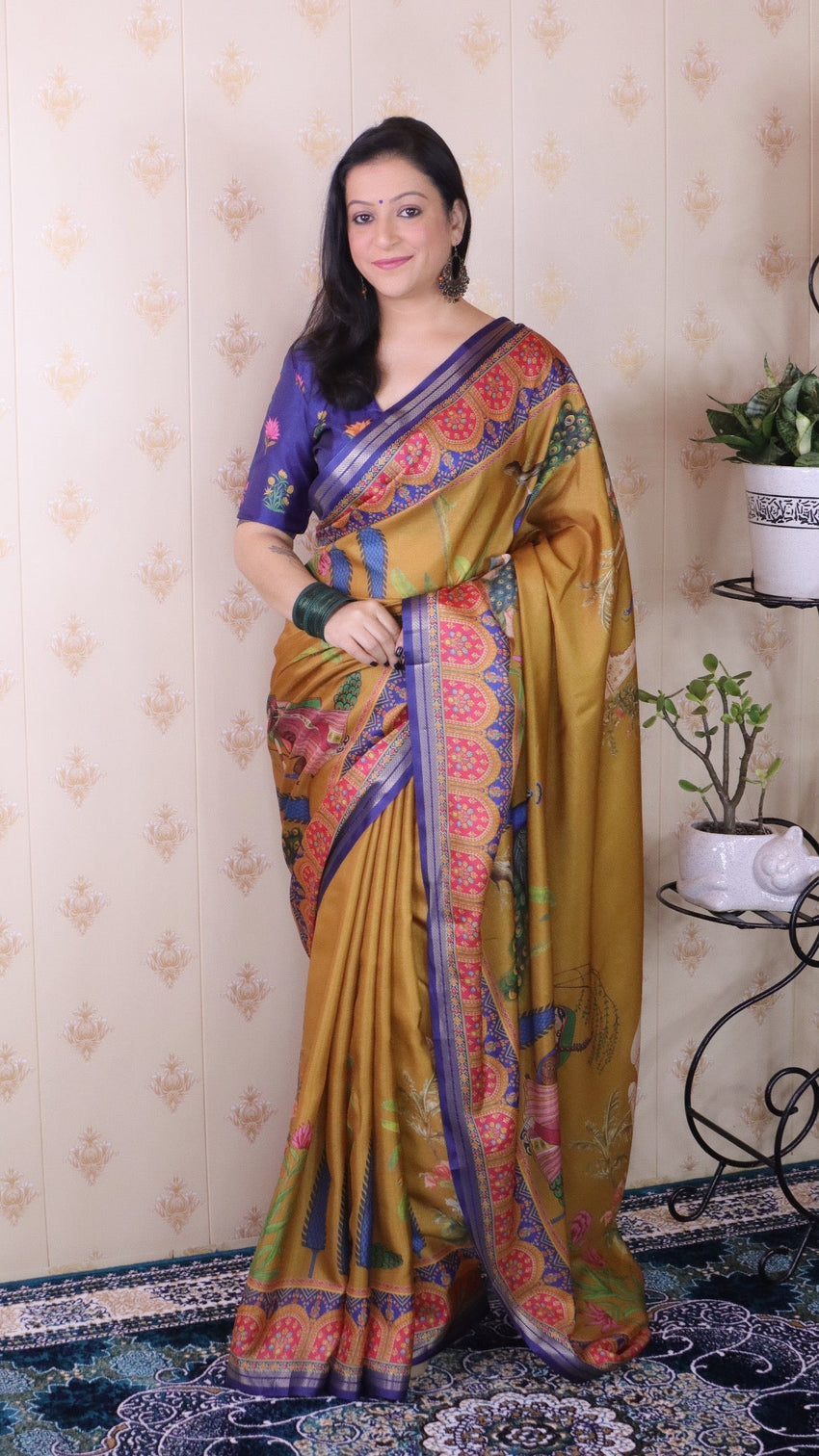 Gold soft tussar silk pichwai traditional printed zari woven saree