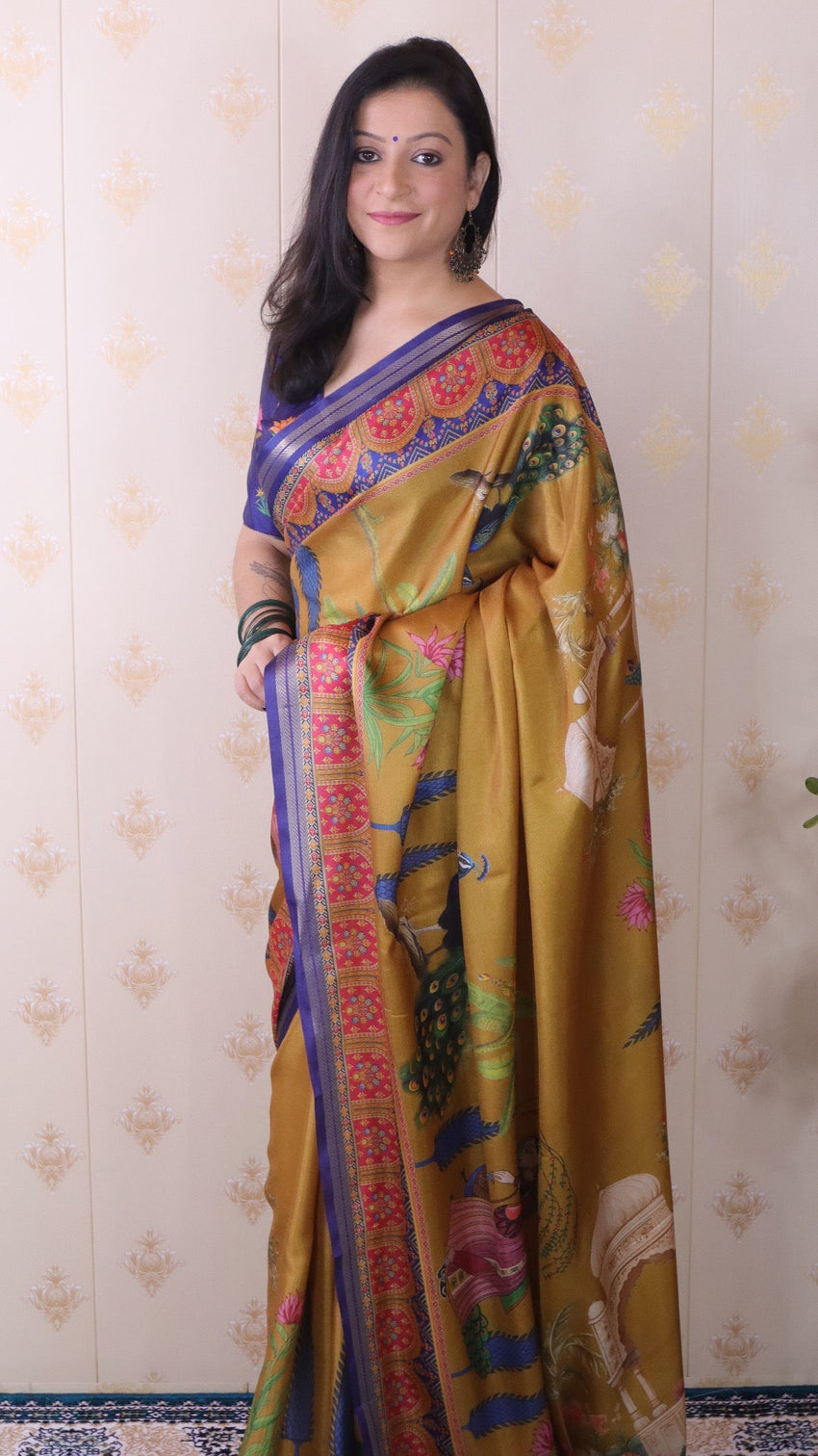 Gold soft tussar silk pichwai traditional printed zari woven saree