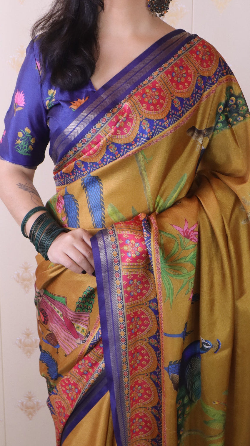 Gold soft tussar silk pichwai traditional printed zari woven saree