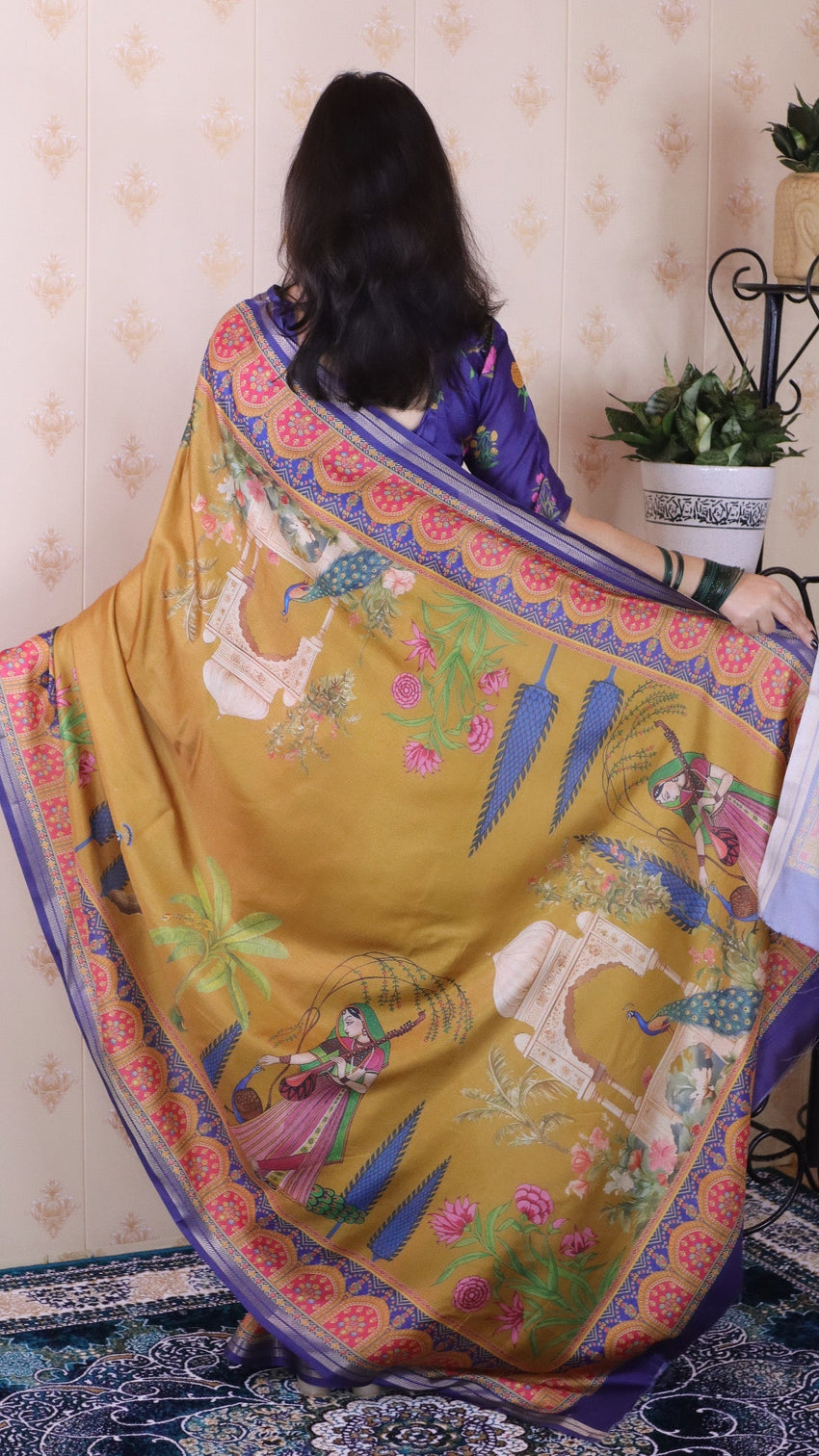 Gold soft tussar silk pichwai traditional printed zari woven saree