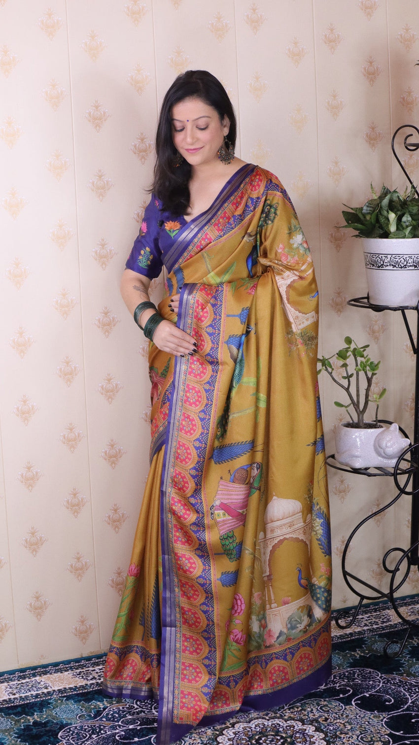 Gold soft tussar silk pichwai traditional printed zari woven saree