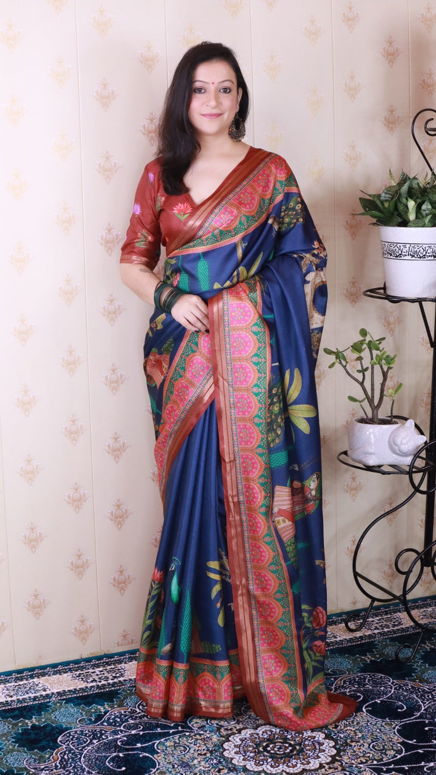 Dark blue soft tussar silk pichwai traditional printed zari woven saree