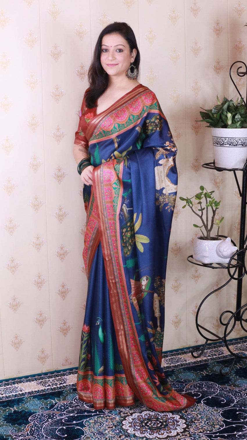 Dark blue soft tussar silk pichwai traditional printed zari woven saree