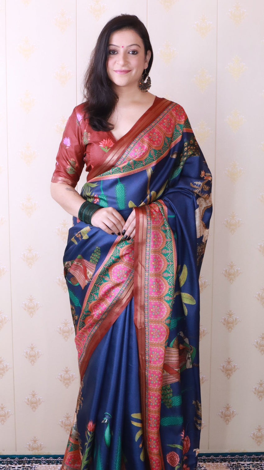 Dark blue soft tussar silk pichwai traditional printed zari woven saree
