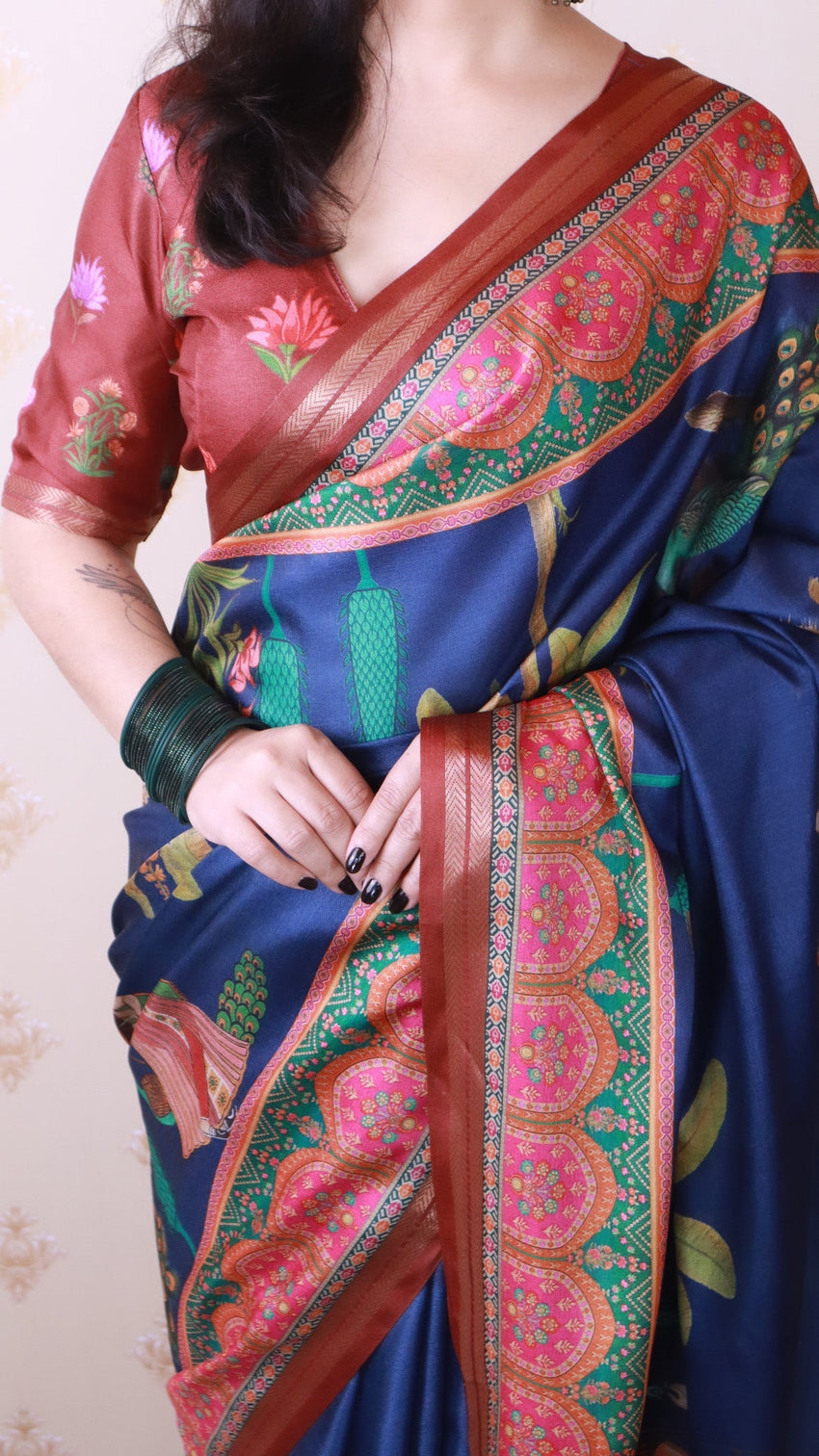 Dark blue soft tussar silk pichwai traditional printed zari woven saree