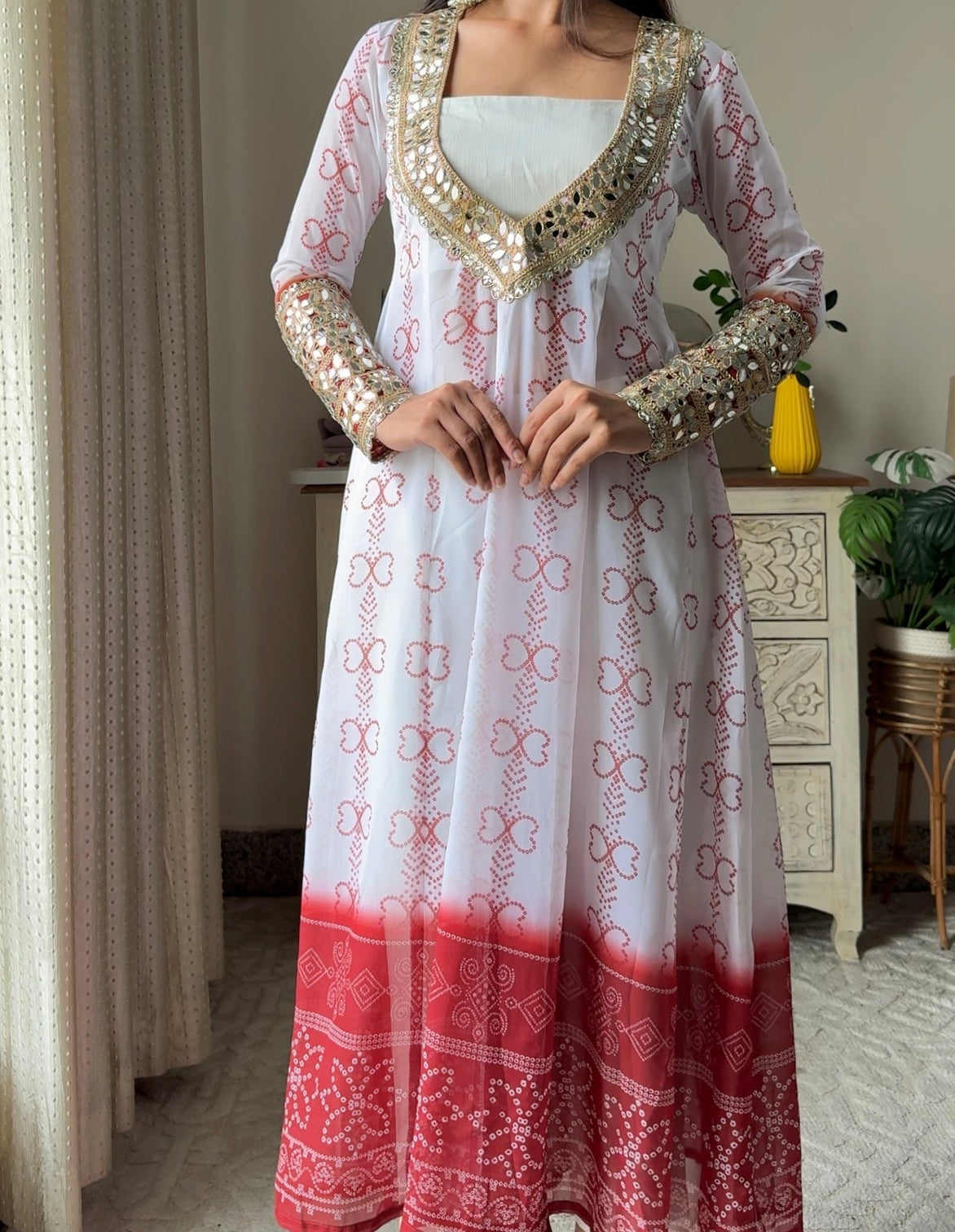 White red faux georgette kurti set with mirror work 3 piece festive wear