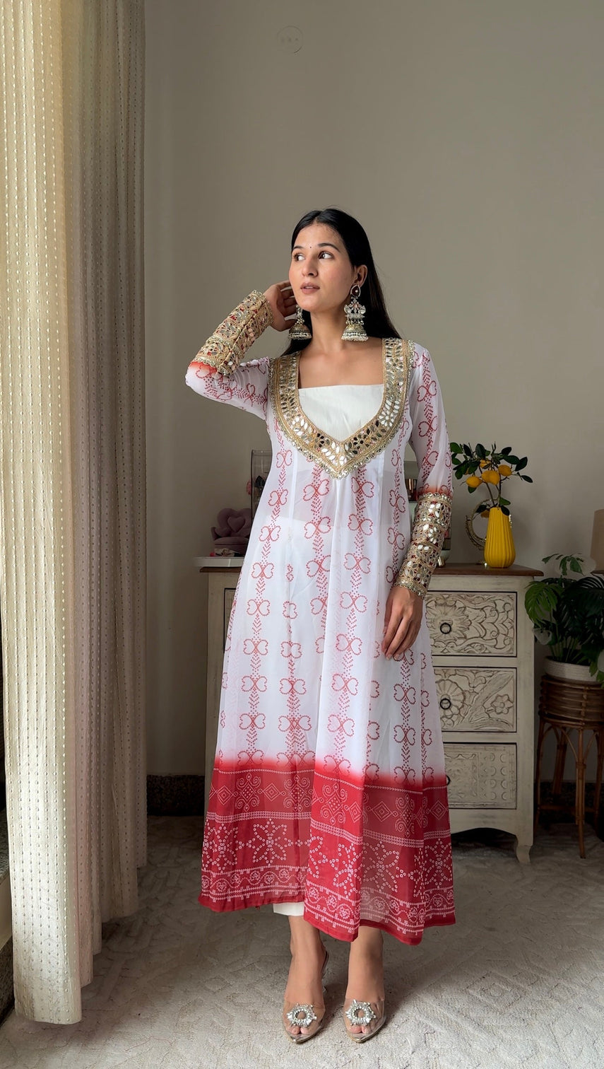 White red faux georgette kurti set with mirror work 3 piece festive wear