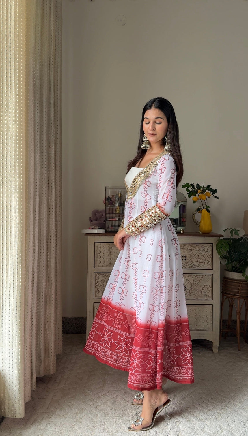 White red faux georgette kurti set with mirror work 3 piece festive wear