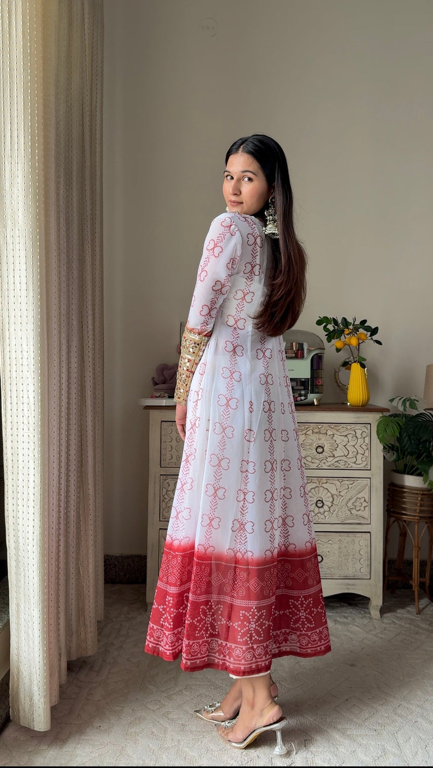 White red faux georgette kurti set with mirror work 3 piece festive wear