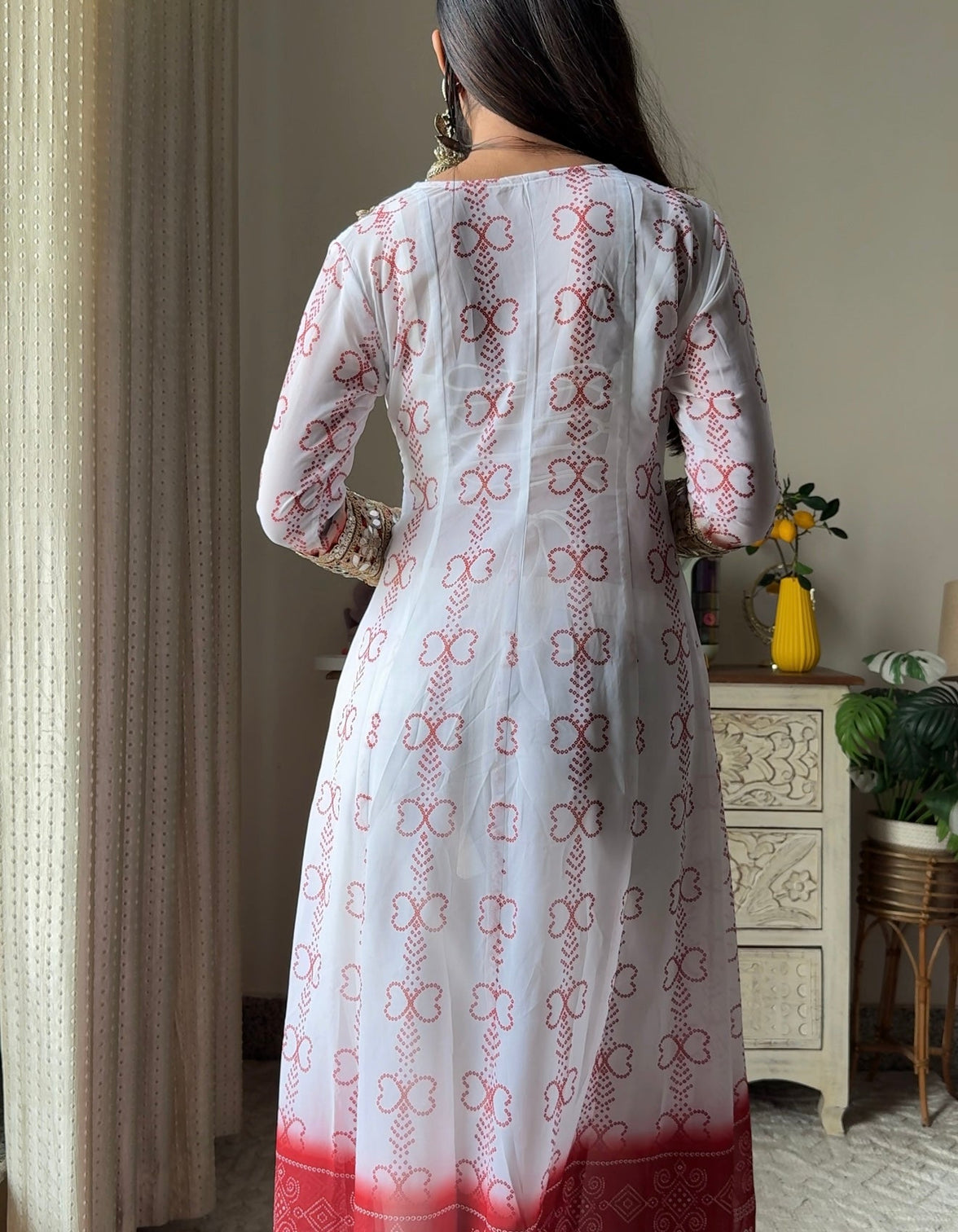 White red faux georgette kurti set with mirror work 3 piece festive wear