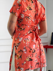 Coral orange floral print kurti with adjustable lace up detail