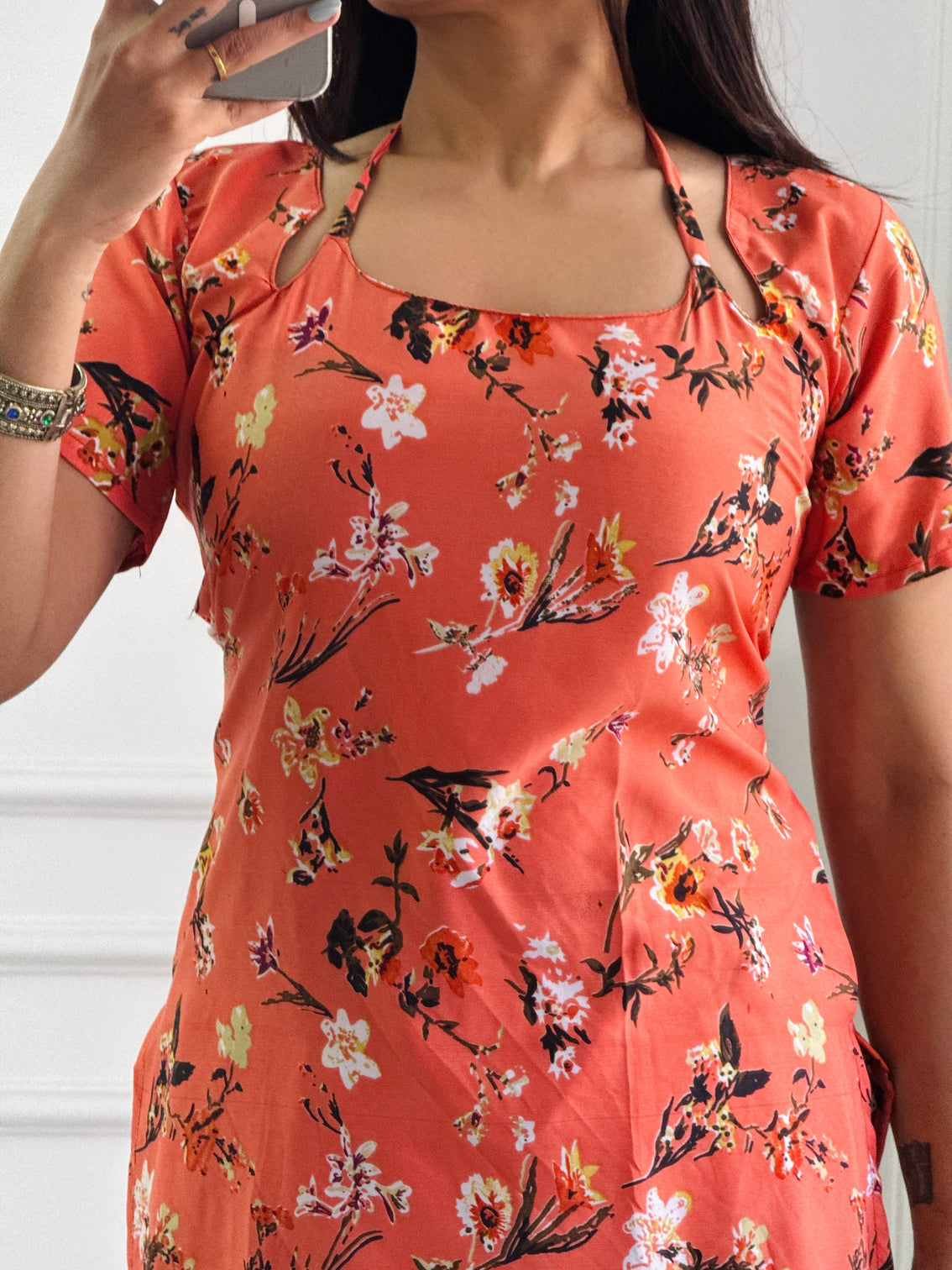Coral orange floral print kurti with adjustable lace up detail
