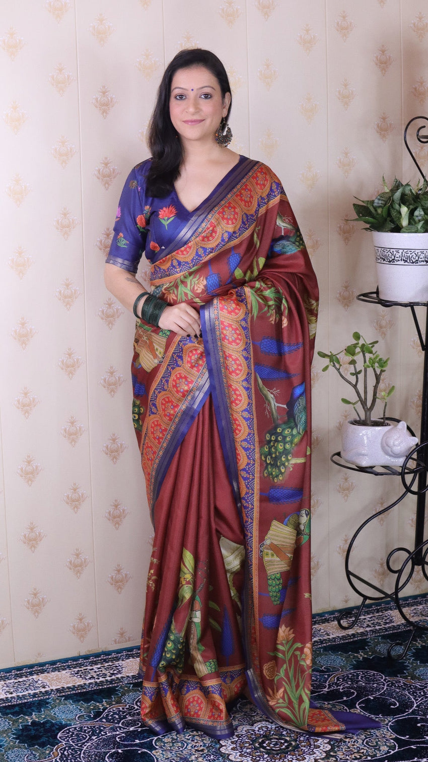 Brown soft tussar silk pichwai traditional printed zari woven saree